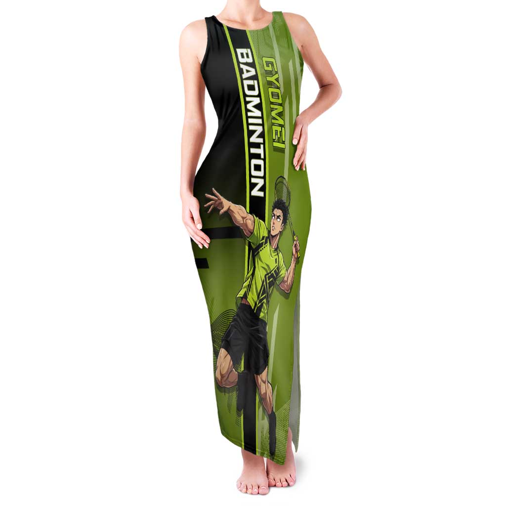 Personalized Gyomei Himejima Demon Slayer Badminton Tank Maxi Dress with Racket Action Pose and Green Black Graphic Design - The Mazicc
