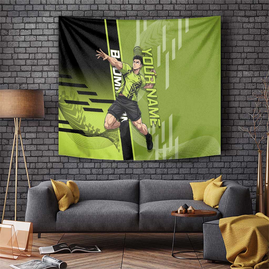 Personalized Gyomei Himejima Demon Slayer Badminton Tapestry with Racket Action Pose and Green Black Graphic Design - The Mazicc