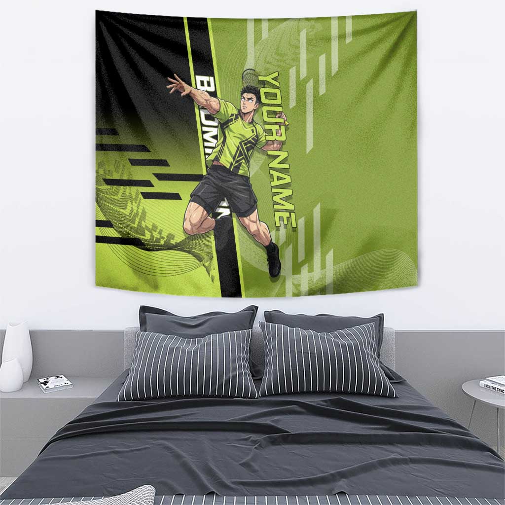 Personalized Gyomei Himejima Demon Slayer Badminton Tapestry with Racket Action Pose and Green Black Graphic Design - The Mazicc