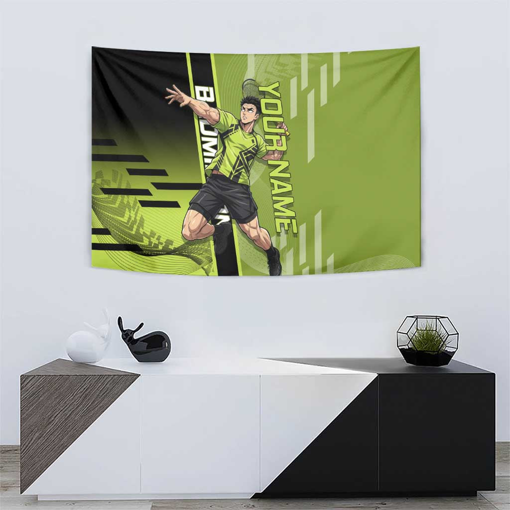 Personalized Gyomei Himejima Demon Slayer Badminton Tapestry with Racket Action Pose and Green Black Graphic Design - The Mazicc