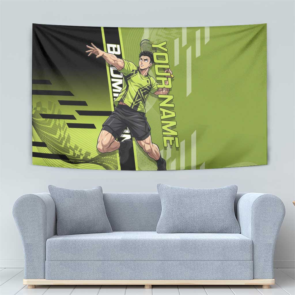 Personalized Gyomei Himejima Demon Slayer Badminton Tapestry with Racket Action Pose and Green Black Graphic Design - The Mazicc