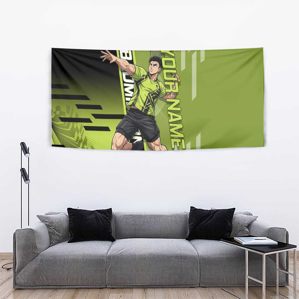 Personalized Gyomei Himejima Demon Slayer Badminton Tapestry with Racket Action Pose and Green Black Graphic Design - The Mazicc