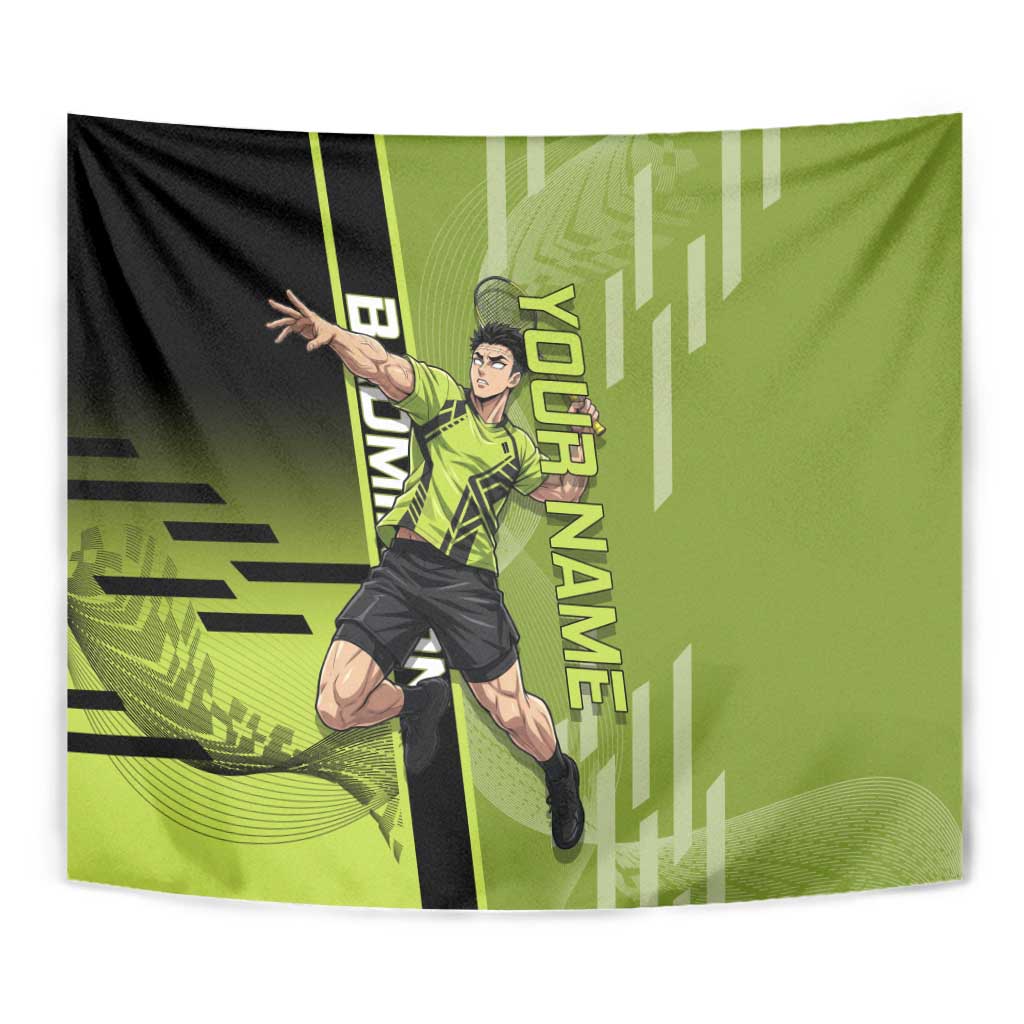 Personalized Gyomei Himejima Demon Slayer Badminton Tapestry with Racket Action Pose and Green Black Graphic Design - The Mazicc