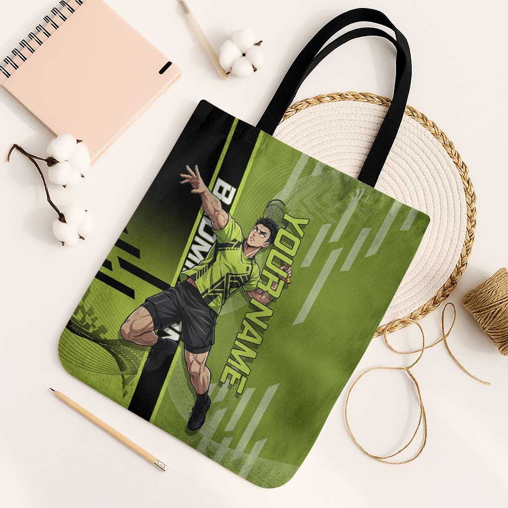 Personalized Gyomei Himejima Demon Slayer Badminton Tote Bag with Racket Action Pose and Green Black Graphic Design - The Mazicc
