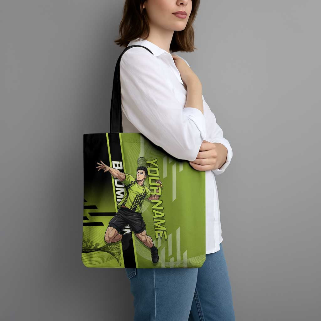 Personalized Gyomei Himejima Demon Slayer Badminton Tote Bag with Racket Action Pose and Green Black Graphic Design - The Mazicc