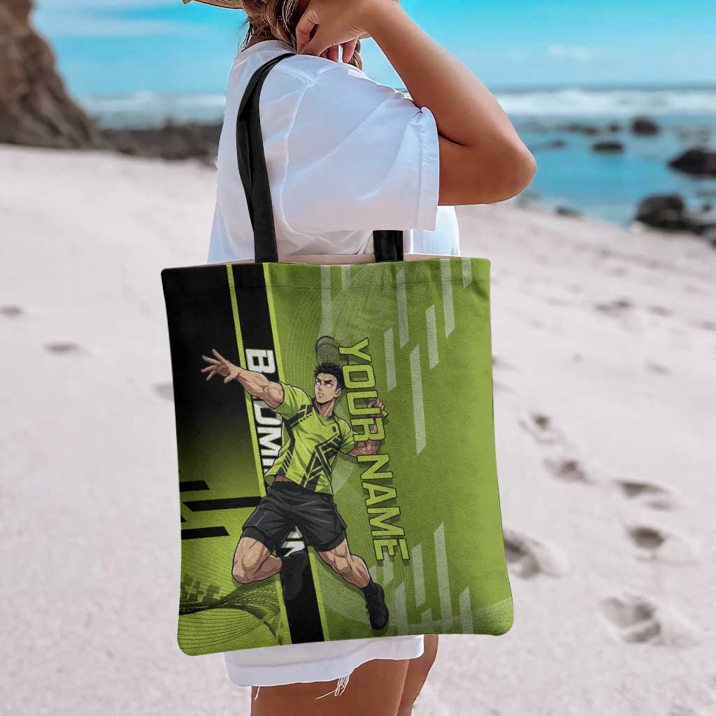 Personalized Gyomei Himejima Demon Slayer Badminton Tote Bag with Racket Action Pose and Green Black Graphic Design - The Mazicc