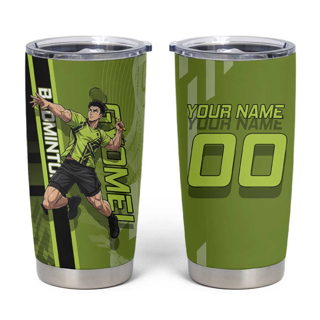 Personalized Gyomei Himejima Demon Slayer Badminton Tumbler Cup with Racket Action Pose and Green Black Graphic Design - The Mazicc