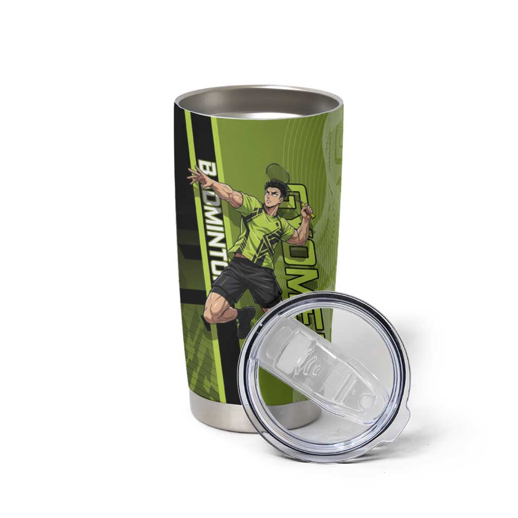 Personalized Gyomei Himejima Demon Slayer Badminton Tumbler Cup with Racket Action Pose and Green Black Graphic Design - The Mazicc