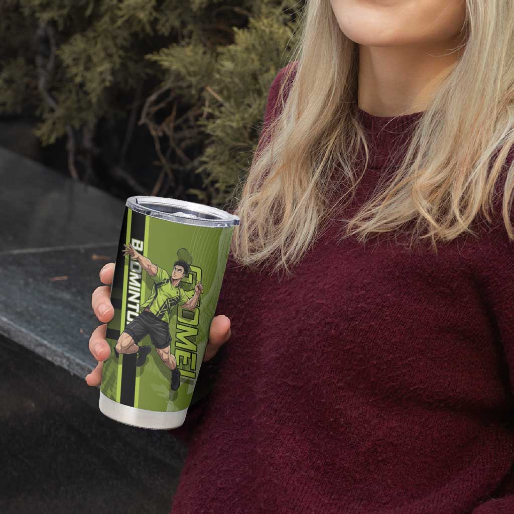 Personalized Gyomei Himejima Demon Slayer Badminton Tumbler Cup with Racket Action Pose and Green Black Graphic Design - The Mazicc