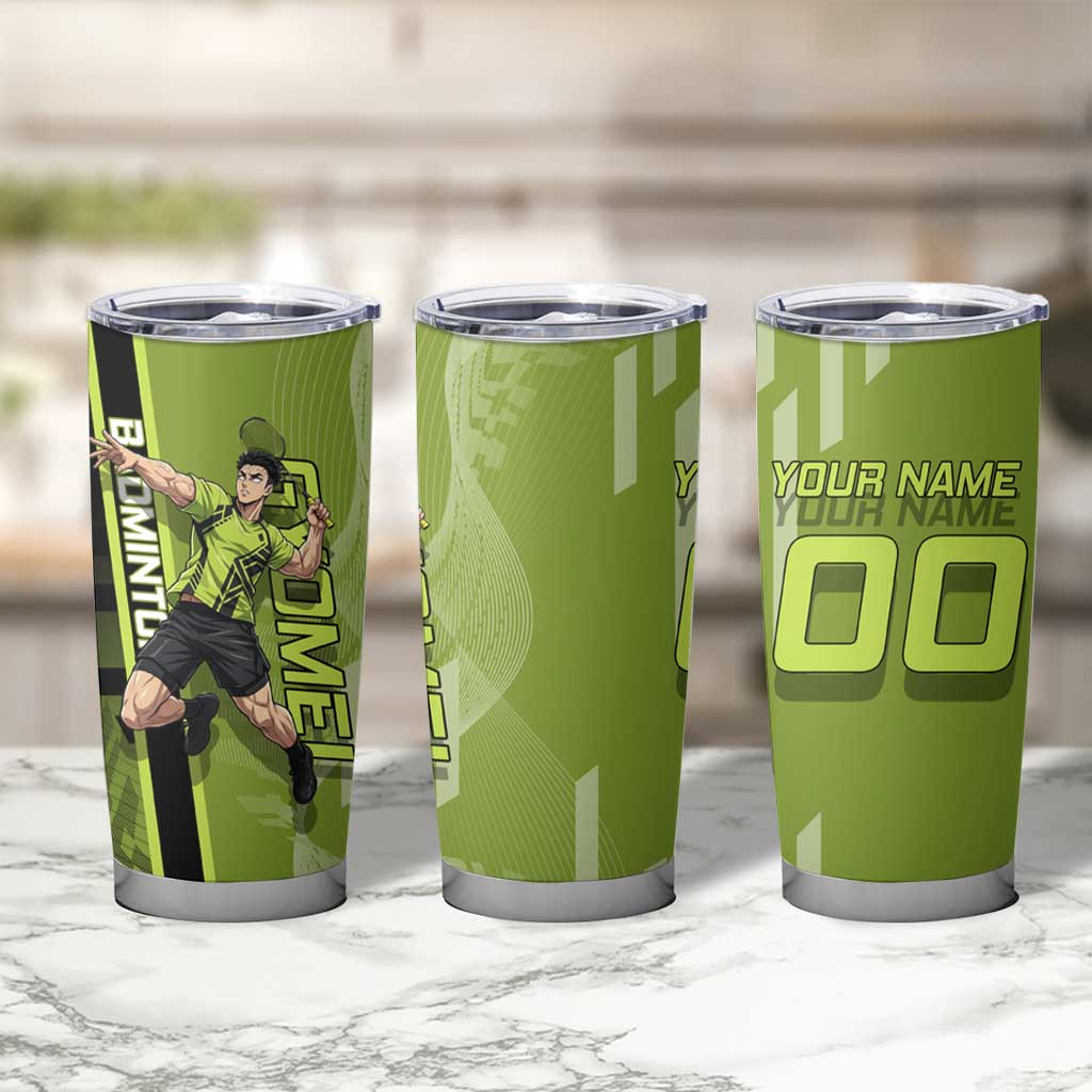 Personalized Gyomei Himejima Demon Slayer Badminton Tumbler Cup with Racket Action Pose and Green Black Graphic Design - The Mazicc