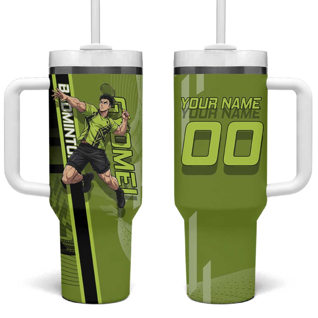 Personalized Gyomei Himejima Demon Slayer Badminton Tumbler With Handle with Racket Action Pose and Green Black Graphic Design - The Mazicc