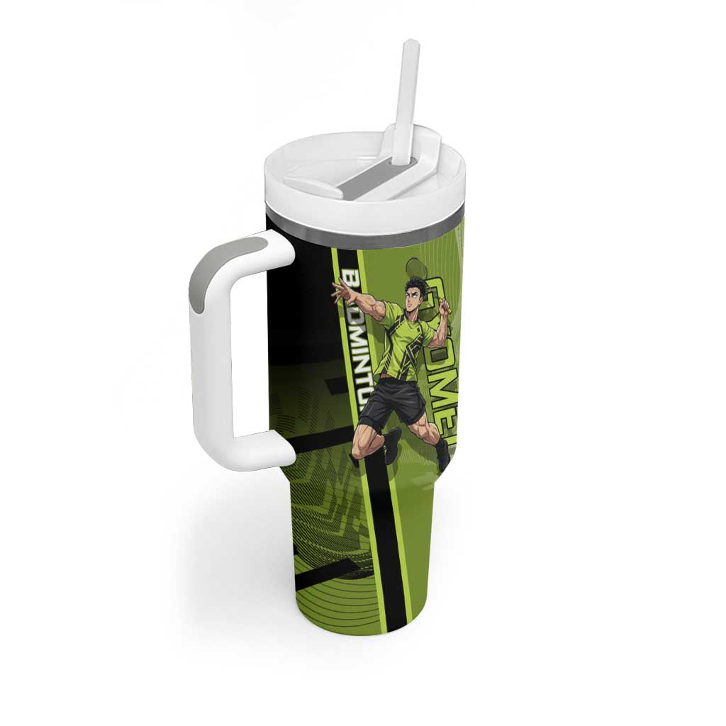 Personalized Gyomei Himejima Demon Slayer Badminton Tumbler With Handle with Racket Action Pose and Green Black Graphic Design - The Mazicc
