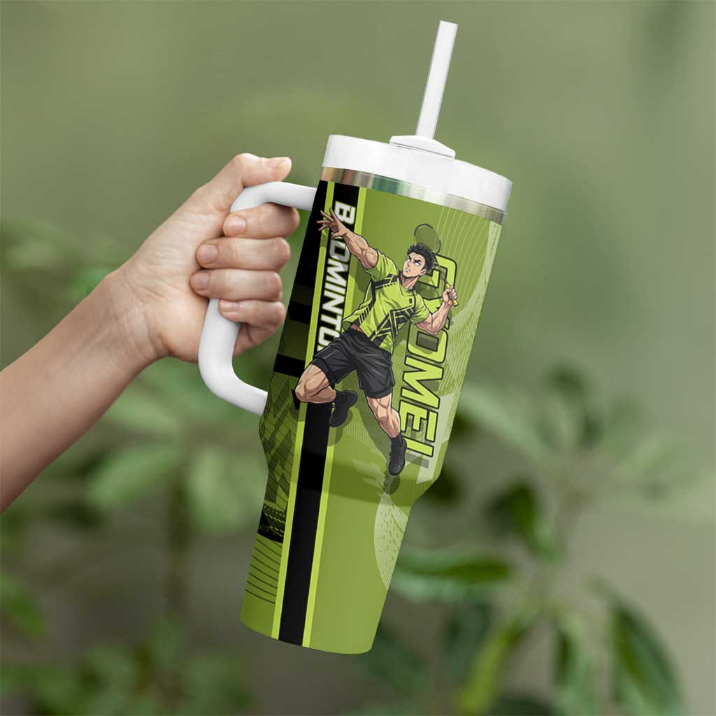 Personalized Gyomei Himejima Demon Slayer Badminton Tumbler With Handle with Racket Action Pose and Green Black Graphic Design - The Mazicc