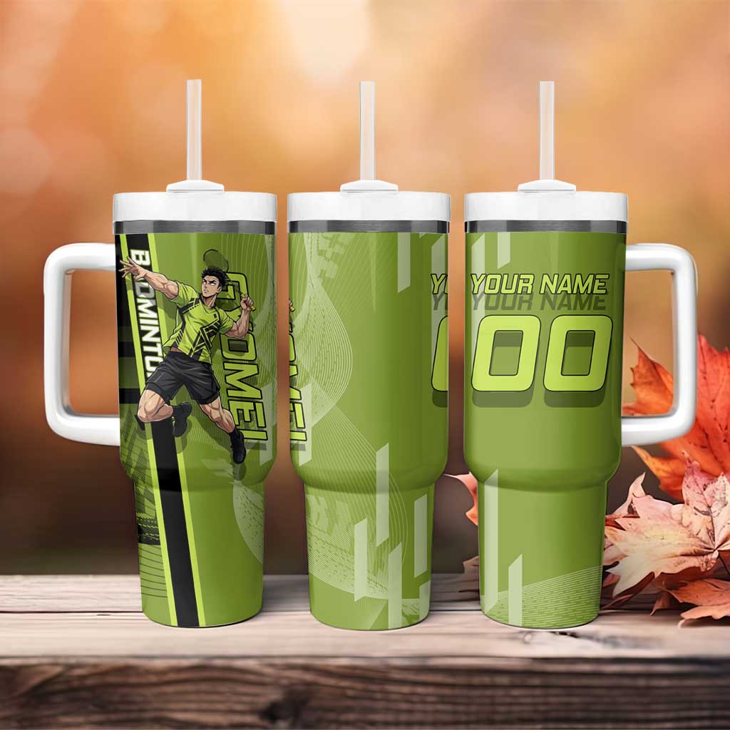Personalized Gyomei Himejima Demon Slayer Badminton Tumbler With Handle with Racket Action Pose and Green Black Graphic Design - The Mazicc