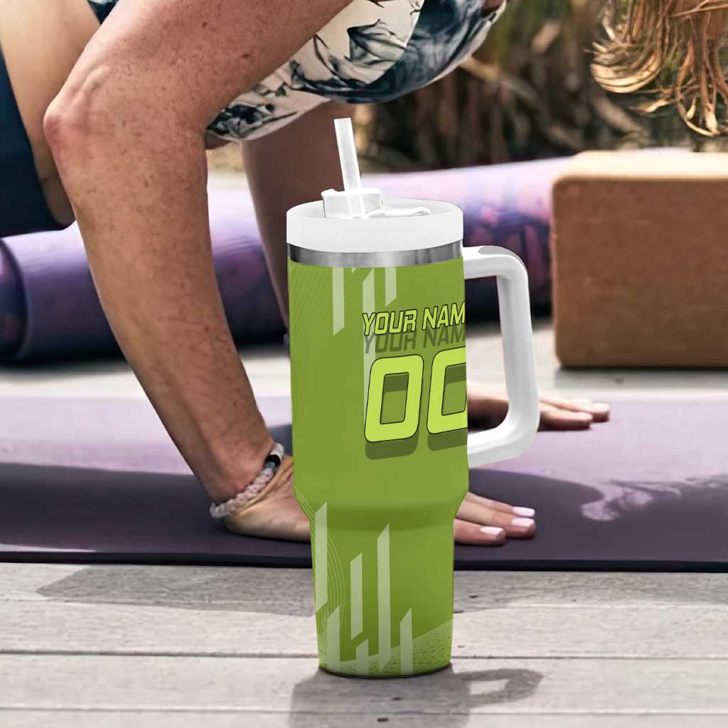Personalized Gyomei Himejima Demon Slayer Badminton Tumbler With Handle with Racket Action Pose and Green Black Graphic Design - The Mazicc