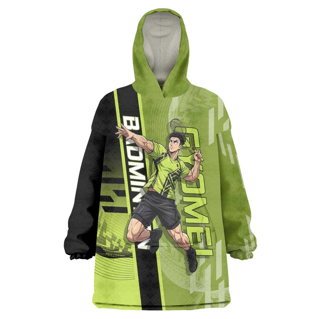 Personalized Gyomei Himejima Demon Slayer Badminton Wearable Blanket Hoodie with Racket Action Pose and Green Black Graphic Design - The Mazicc