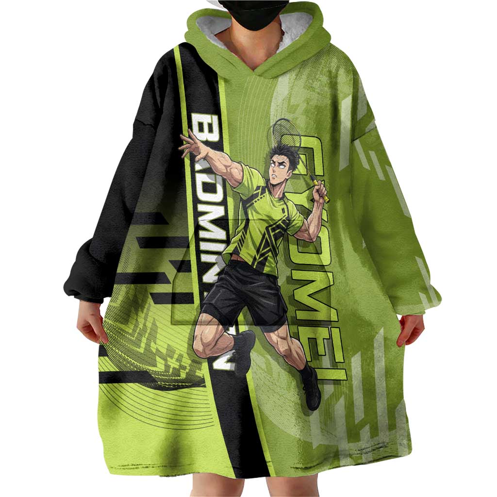 Personalized Gyomei Himejima Demon Slayer Badminton Wearable Blanket Hoodie with Racket Action Pose and Green Black Graphic Design - The Mazicc