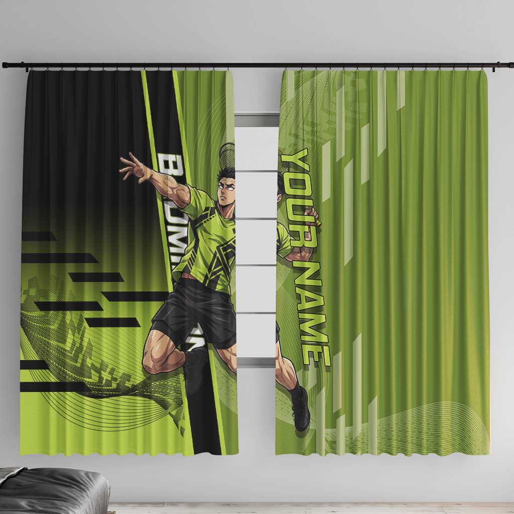 Personalized Gyomei Himejima Demon Slayer Badminton Window Curtain with Racket Action Pose and Green Black Graphic Design - The Mazicc