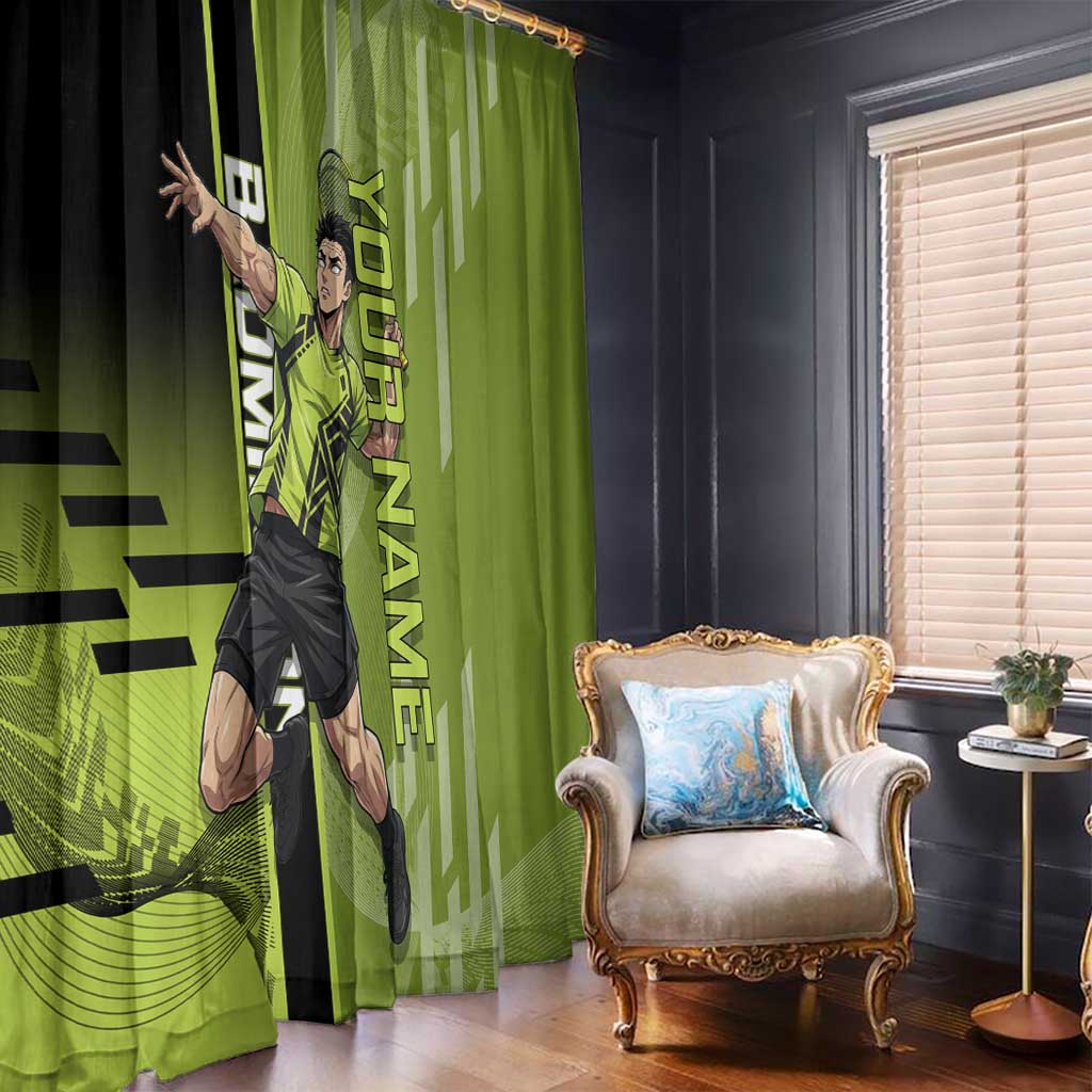 Personalized Gyomei Himejima Demon Slayer Badminton Window Curtain with Racket Action Pose and Green Black Graphic Design - The Mazicc