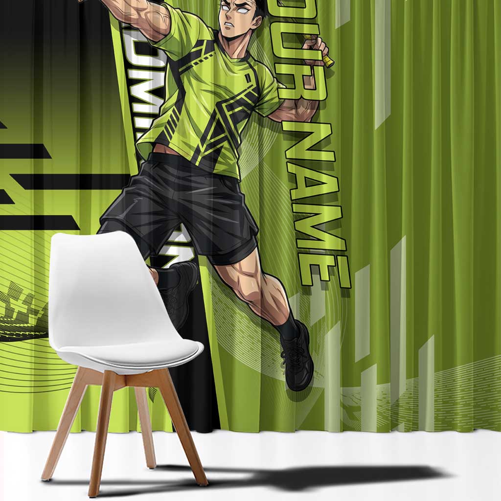 Personalized Gyomei Himejima Demon Slayer Badminton Window Curtain with Racket Action Pose and Green Black Graphic Design - The Mazicc