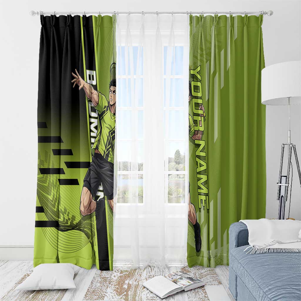 Personalized Gyomei Himejima Demon Slayer Badminton Window Curtain with Racket Action Pose and Green Black Graphic Design - The Mazicc