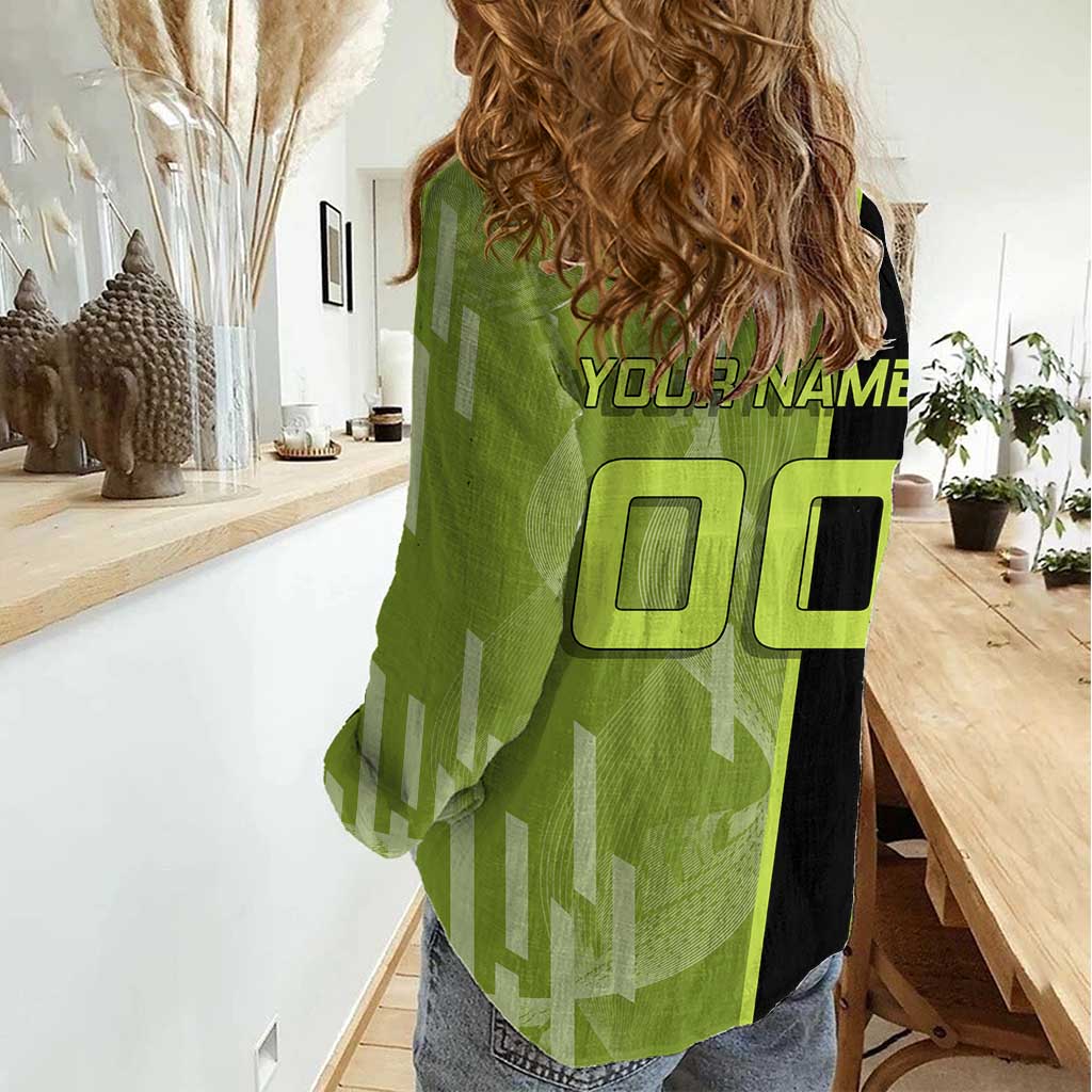 Personalized Gyomei Himejima Demon Slayer Badminton Women Casual Shirt with Racket Action Pose and Green Black Graphic Design - The Mazicc