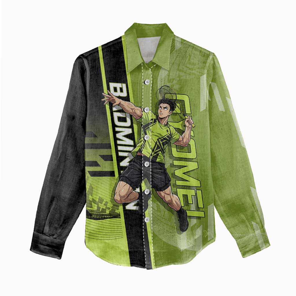 Personalized Gyomei Himejima Demon Slayer Badminton Women Casual Shirt with Racket Action Pose and Green Black Graphic Design - The Mazicc