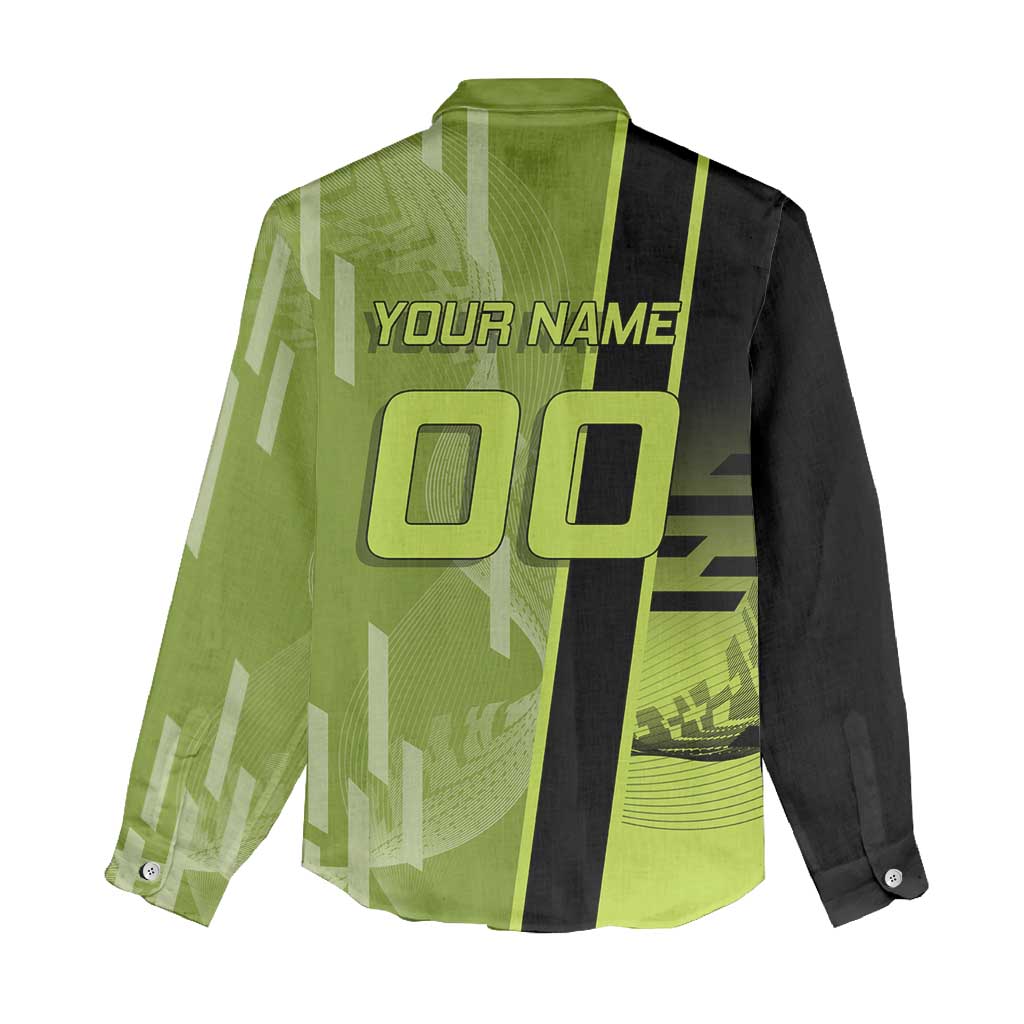 Personalized Gyomei Himejima Demon Slayer Badminton Women Casual Shirt with Racket Action Pose and Green Black Graphic Design - The Mazicc