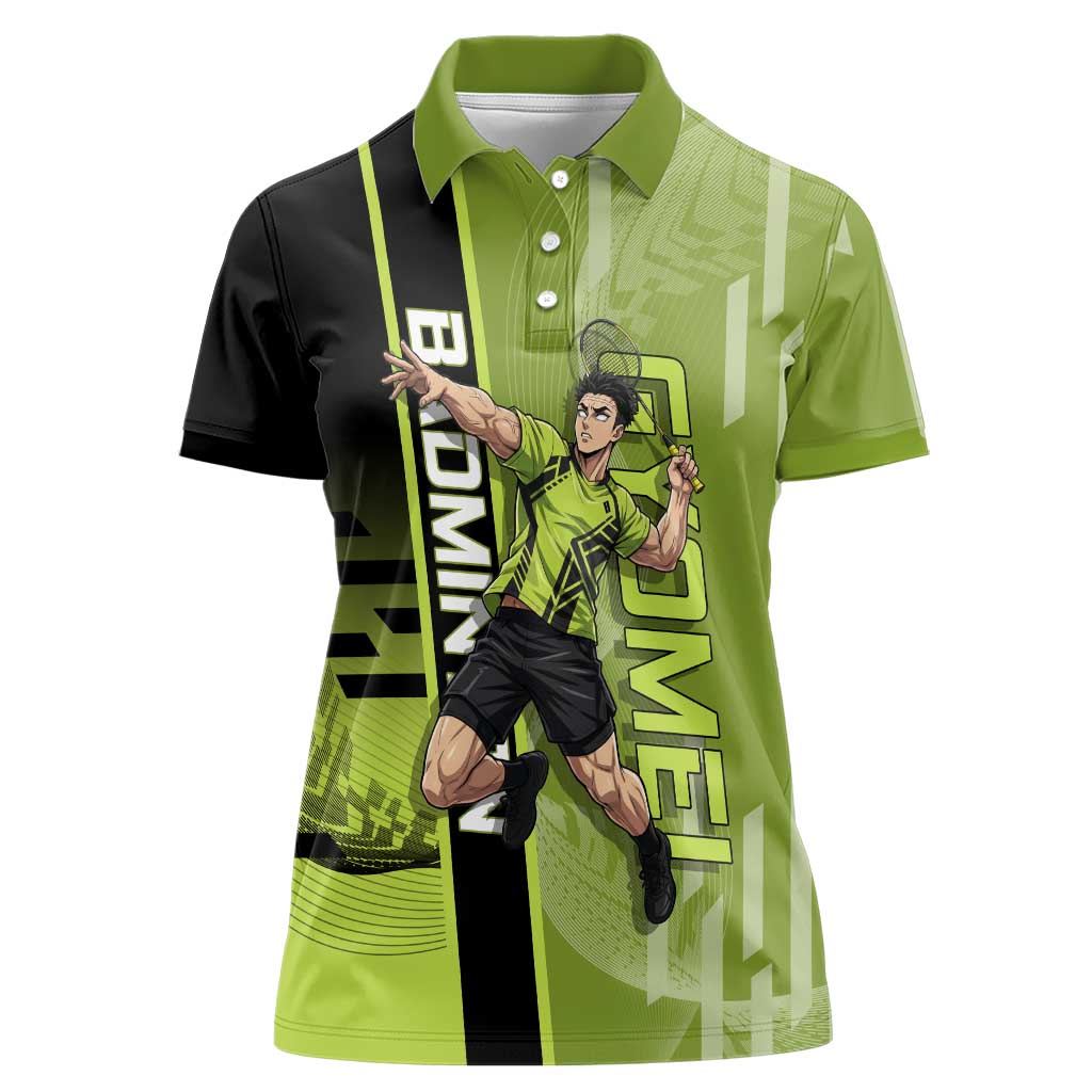 Personalized Gyomei Himejima Demon Slayer Badminton Women Polo Shirt with Racket Action Pose and Green Black Graphic Design - The Mazicc