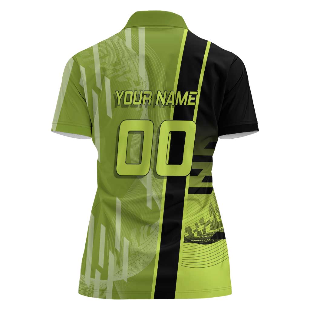 Personalized Gyomei Himejima Demon Slayer Badminton Women Polo Shirt with Racket Action Pose and Green Black Graphic Design - The Mazicc