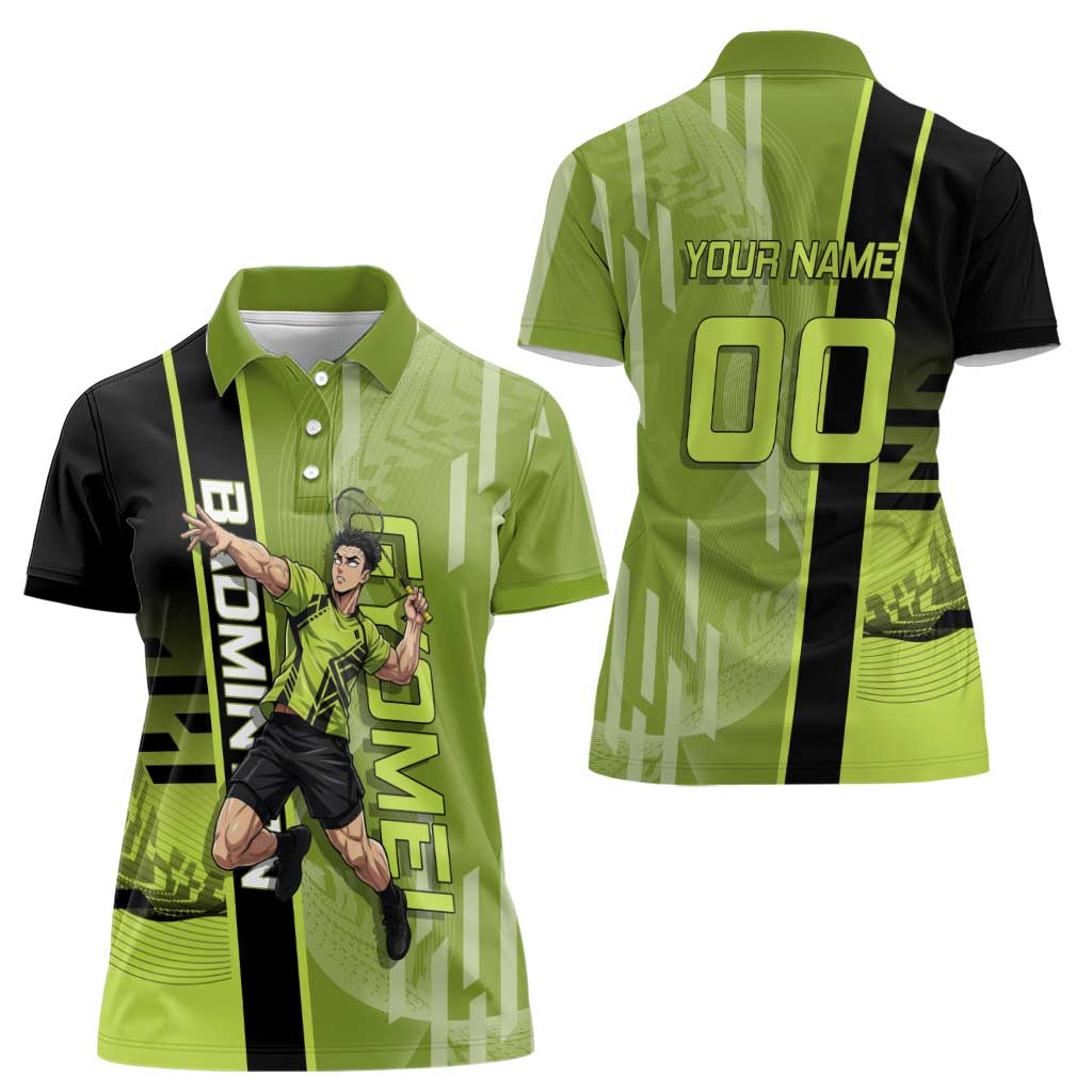 Personalized Gyomei Himejima Demon Slayer Badminton Women Polo Shirt with Racket Action Pose and Green Black Graphic Design - The Mazicc