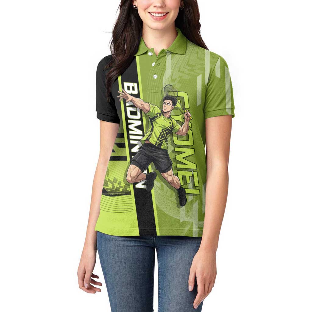 Personalized Gyomei Himejima Demon Slayer Badminton Women Polo Shirt with Racket Action Pose and Green Black Graphic Design - The Mazicc