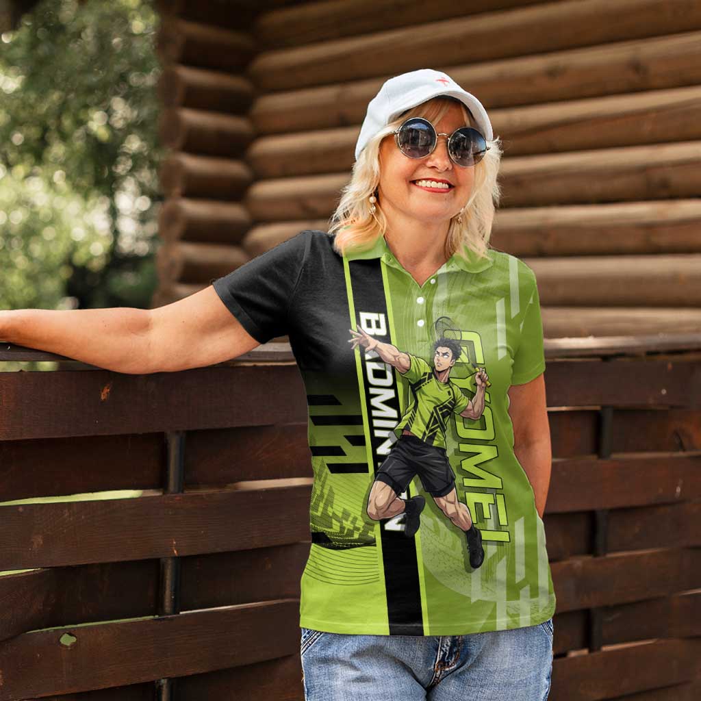 Personalized Gyomei Himejima Demon Slayer Badminton Women Polo Shirt with Racket Action Pose and Green Black Graphic Design - The Mazicc