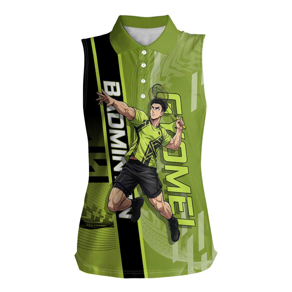 Personalized Gyomei Himejima Demon Slayer Badminton Women Sleeveless Polo Shirt with Racket Action Pose and Green Black Graphic Design - The Mazicc