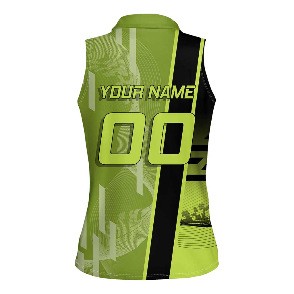 Personalized Gyomei Himejima Demon Slayer Badminton Women Sleeveless Polo Shirt with Racket Action Pose and Green Black Graphic Design - The Mazicc