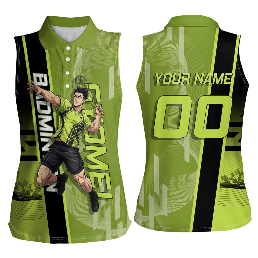 Personalized Gyomei Himejima Demon Slayer Badminton Women Sleeveless Polo Shirt with Racket Action Pose and Green Black Graphic Design - The Mazicc