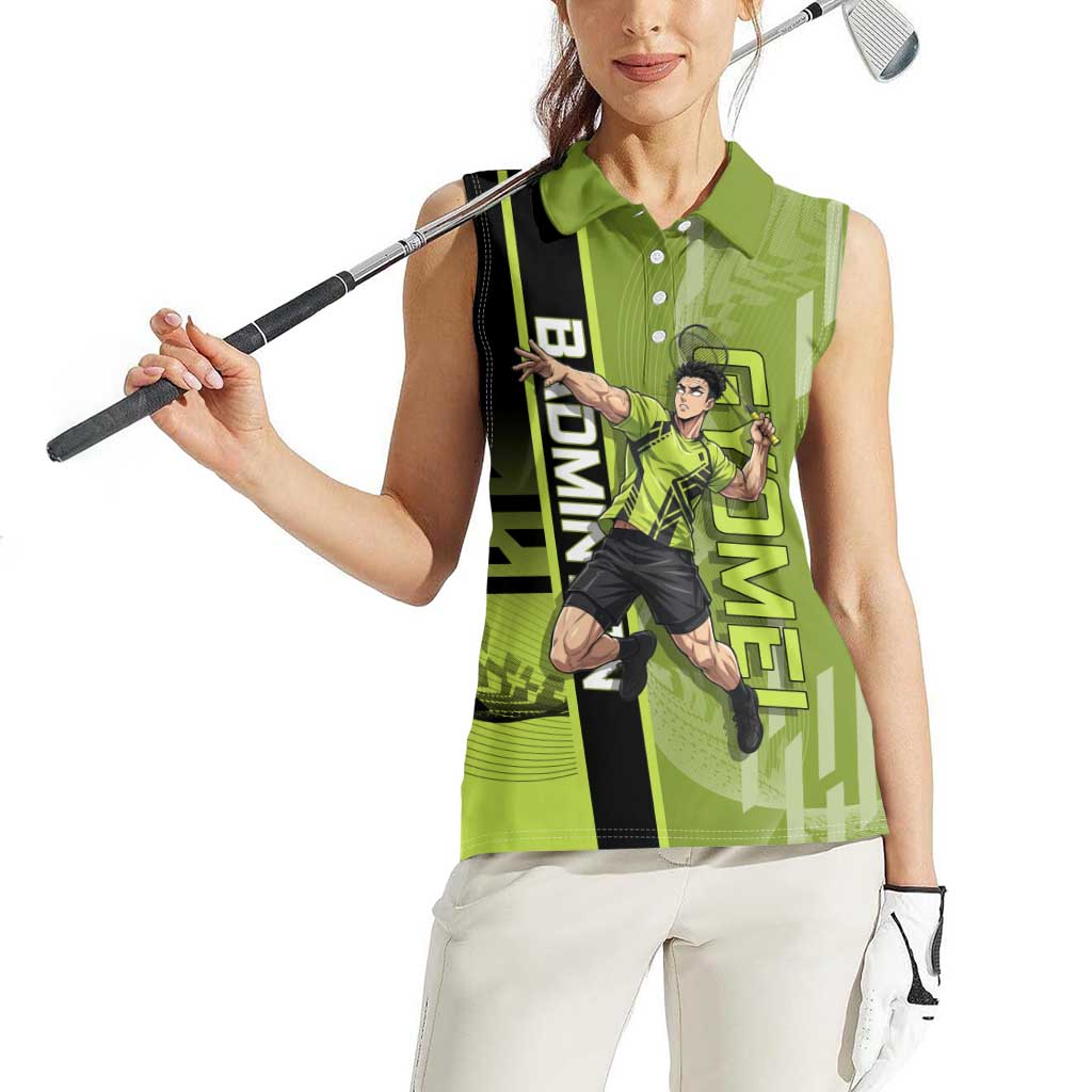 Personalized Gyomei Himejima Demon Slayer Badminton Women Sleeveless Polo Shirt with Racket Action Pose and Green Black Graphic Design - The Mazicc