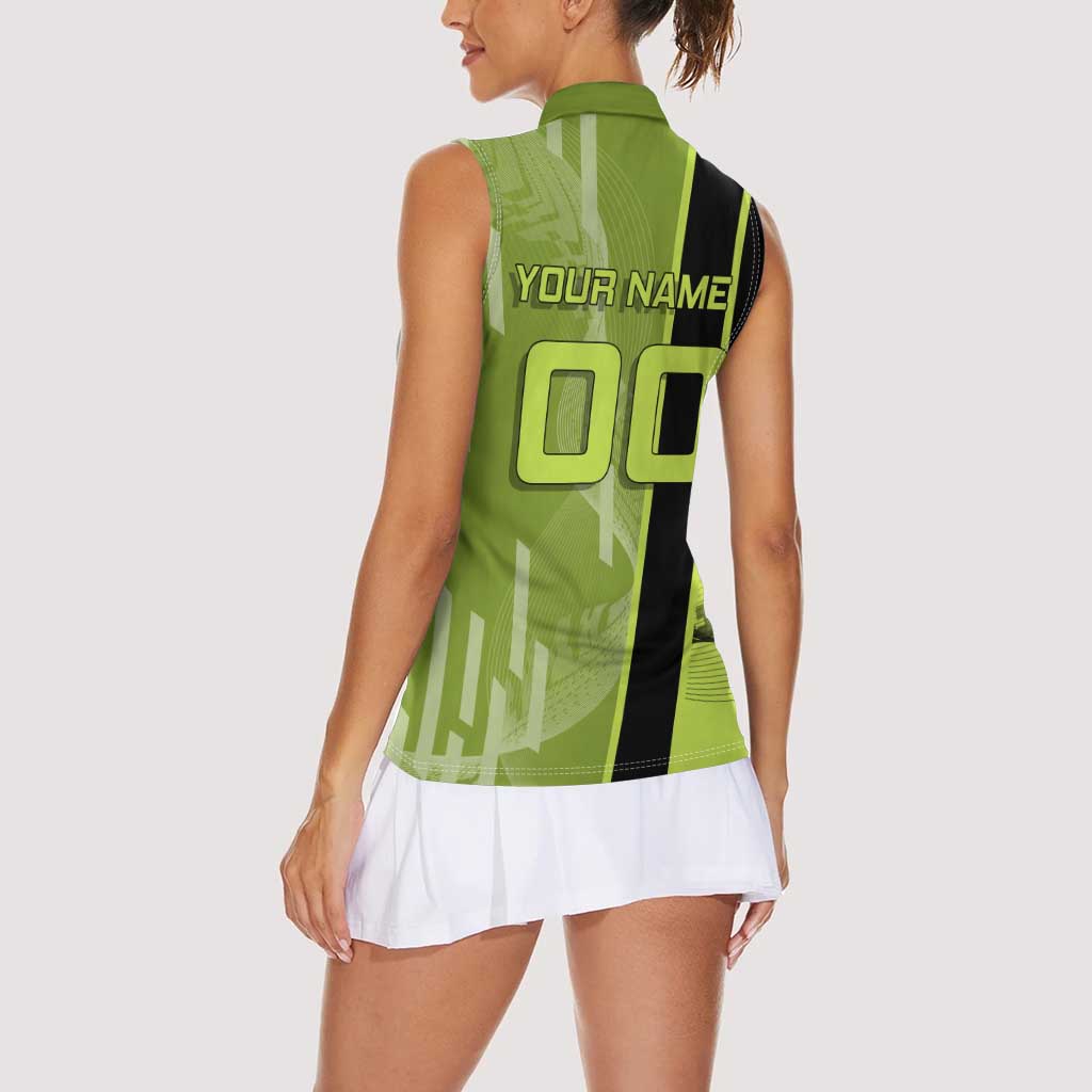 Personalized Gyomei Himejima Demon Slayer Badminton Women Sleeveless Polo Shirt with Racket Action Pose and Green Black Graphic Design - The Mazicc