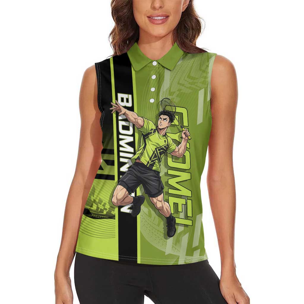 Personalized Gyomei Himejima Demon Slayer Badminton Women Sleeveless Polo Shirt with Racket Action Pose and Green Black Graphic Design - The Mazicc