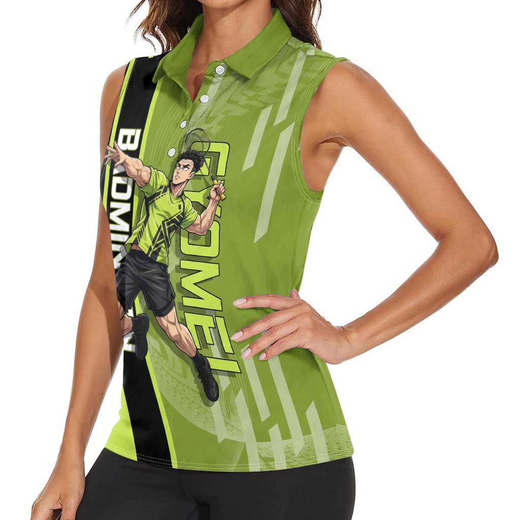 Personalized Gyomei Himejima Demon Slayer Badminton Women Sleeveless Polo Shirt with Racket Action Pose and Green Black Graphic Design - The Mazicc