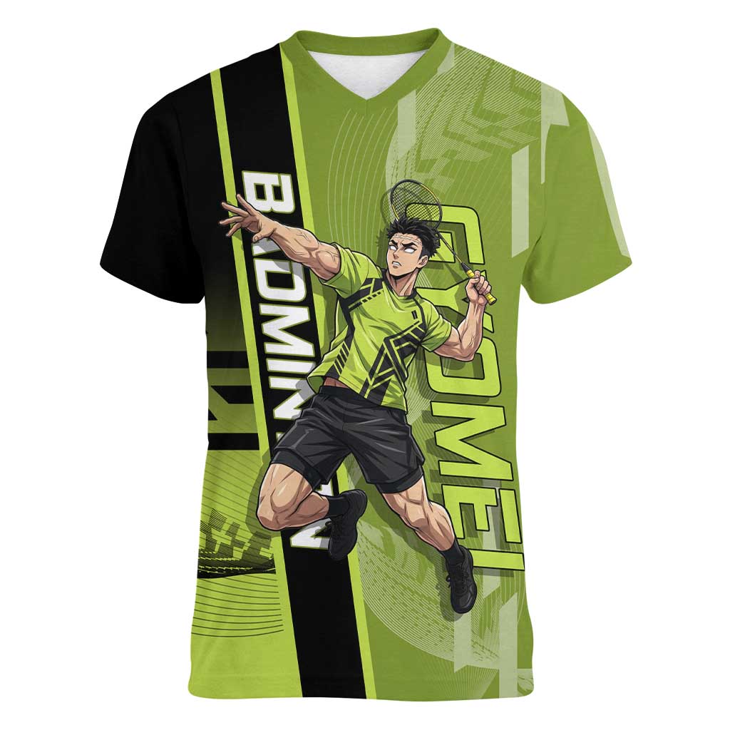 Personalized Gyomei Himejima Demon Slayer Badminton Women V-Neck T-Shirt with Racket Action Pose and Green Black Graphic Design - The Mazicc