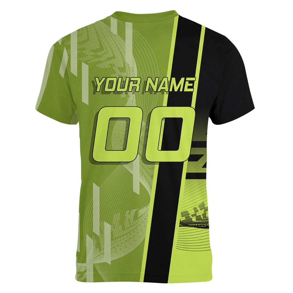 Personalized Gyomei Himejima Demon Slayer Badminton Women V-Neck T-Shirt with Racket Action Pose and Green Black Graphic Design - The Mazicc