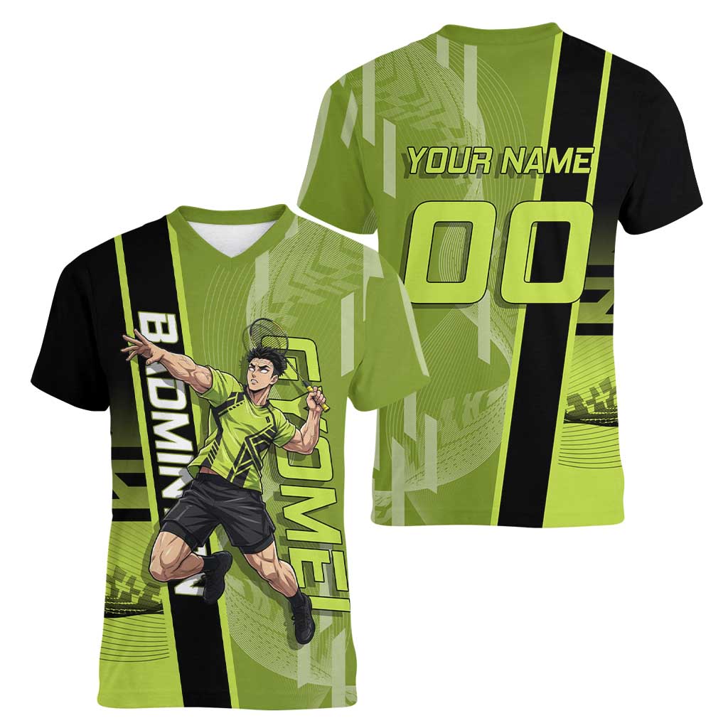 Personalized Gyomei Himejima Demon Slayer Badminton Women V-Neck T-Shirt with Racket Action Pose and Green Black Graphic Design - The Mazicc