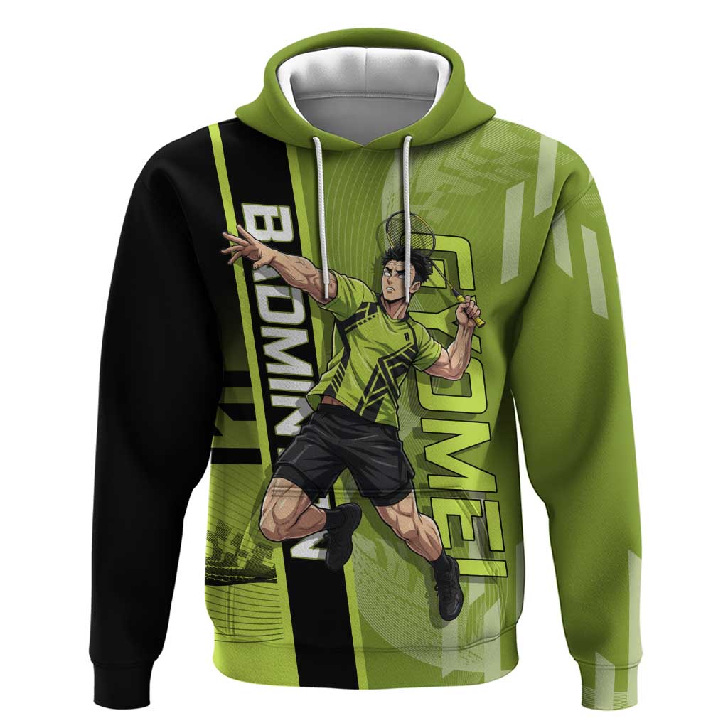Personalized Gyomei Himejima Demon Slayer Badminton Zip Hoodie with Racket Action Pose and Green Black Graphic Design - The Mazicc