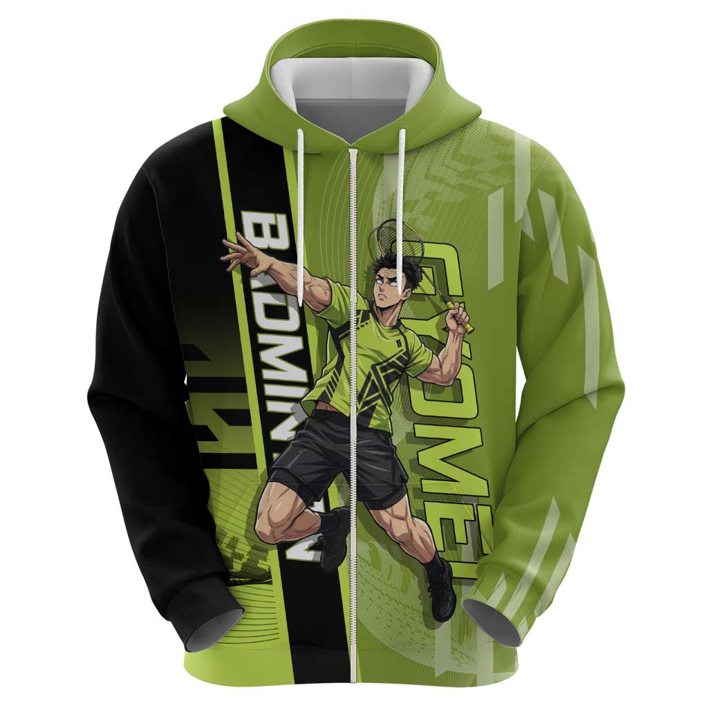 Personalized Gyomei Himejima Demon Slayer Badminton Zip Hoodie with Racket Action Pose and Green Black Graphic Design - The Mazicc