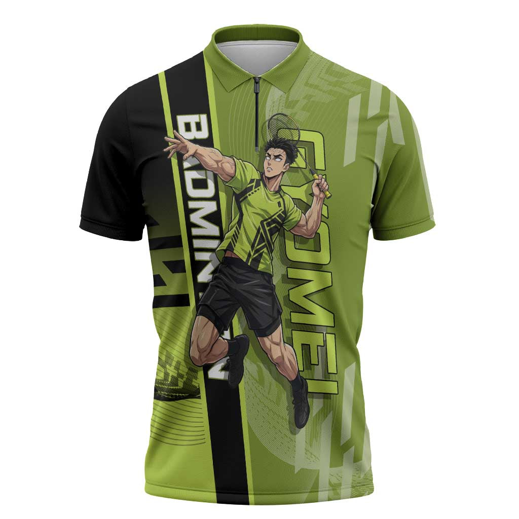 Personalized Gyomei Himejima Demon Slayer Badminton Zipper Polo Shirt with Racket Action Pose and Green Black Graphic Design - The Mazicc