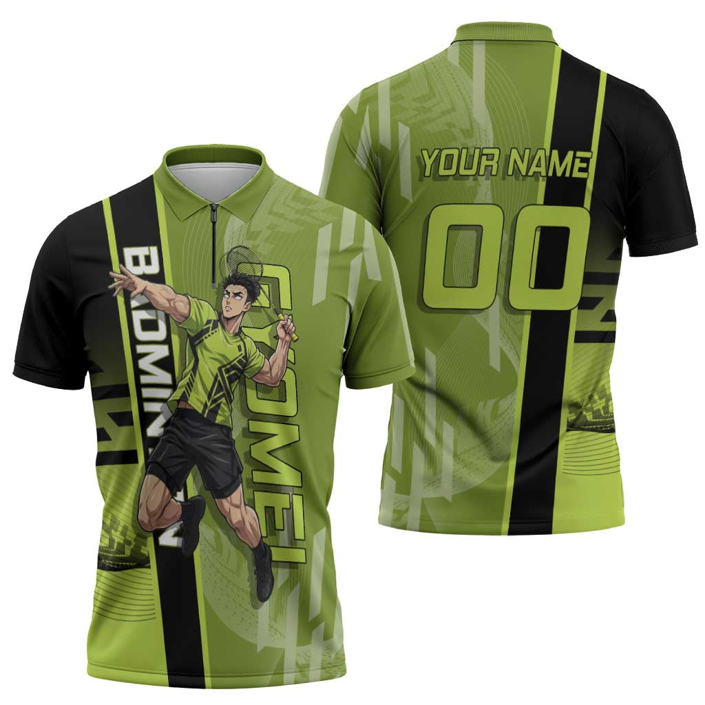 Personalized Gyomei Himejima Demon Slayer Badminton Zipper Polo Shirt with Racket Action Pose and Green Black Graphic Design - The Mazicc