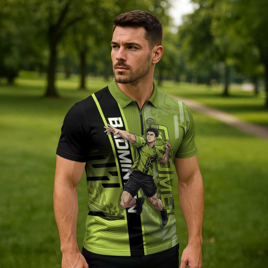 Personalized Gyomei Himejima Demon Slayer Badminton Zipper Polo Shirt with Racket Action Pose and Green Black Graphic Design - The Mazicc