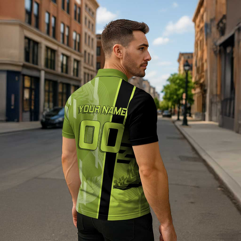 Personalized Gyomei Himejima Demon Slayer Badminton Zipper Polo Shirt with Racket Action Pose and Green Black Graphic Design - The Mazicc