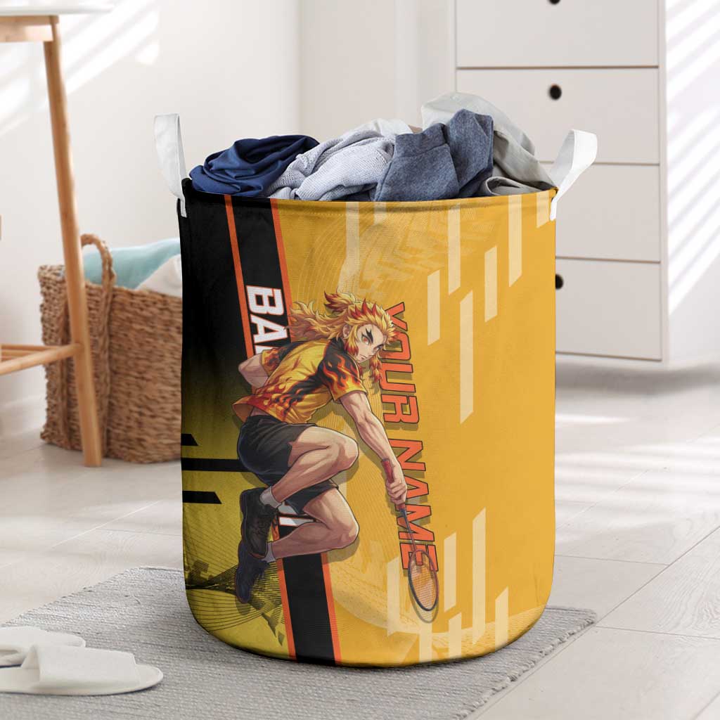 Personalized Rengoku Anime Badminton Theme Laundry Basket with Racket Action Pose and Fiery Yellow Black Graphic Design - The Mazicc